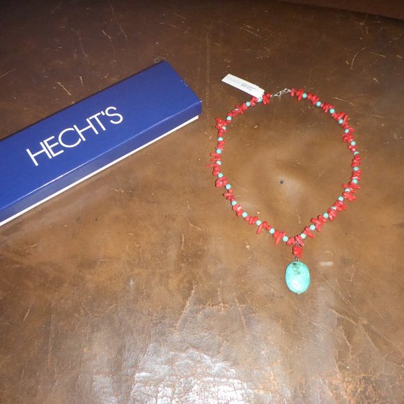 Woman's Red Coral & Turquoise Sterling Silver 16" Necklace - Picture 1 of 4